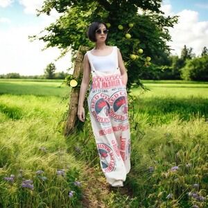 Vintage Sack NWT One SZ Red chickens‎ w Black flour sacks wide leg Overalls